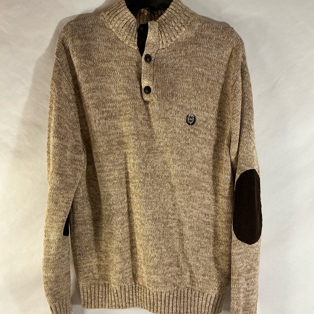 Men's Beige Shawl-Collar Button Sweater with Elbow Patches